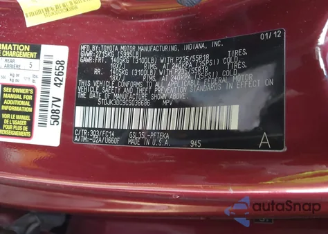 2012 Toyota Sienna Le 7 Passenger z USA, uszkodzony, nr VIN 5TDJK3DC9CS038686